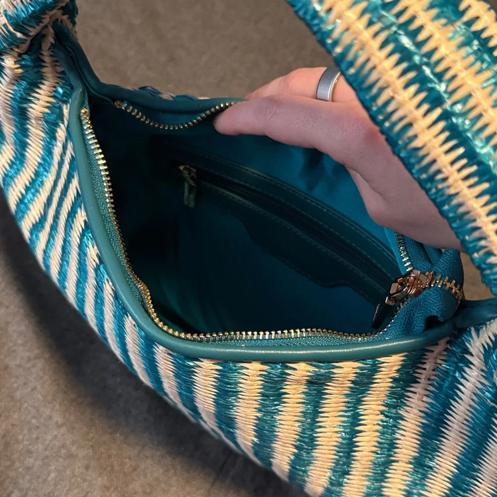 Melie Bianco Teal and White Woven Hobo Bag